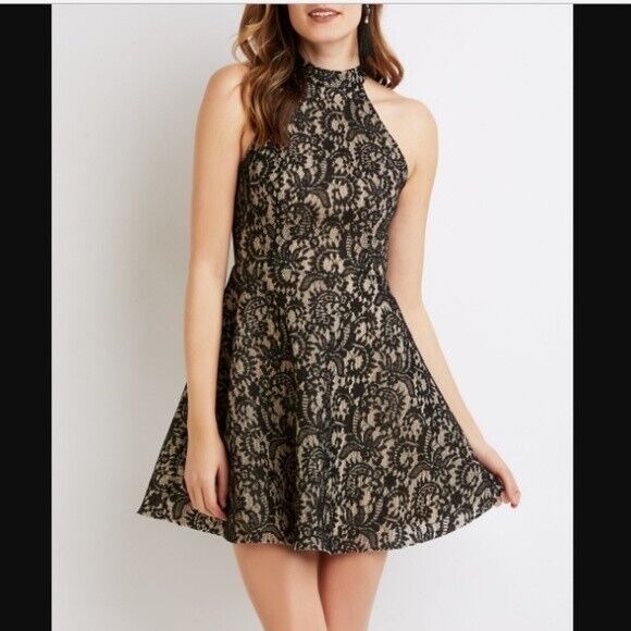 Charlotte Russe Dresses & Skirts - Charlotte‎ Russe Skater Lace Mini Dress  Revealing Back Sleeveless Preppy Size L